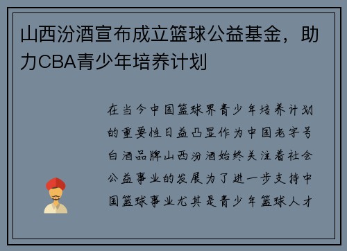 山西汾酒宣布成立篮球公益基金，助力CBA青少年培养计划