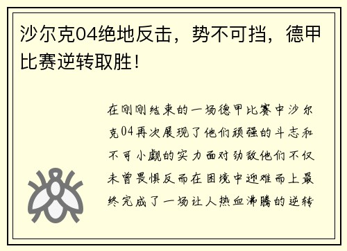 沙尔克04绝地反击，势不可挡，德甲比赛逆转取胜！