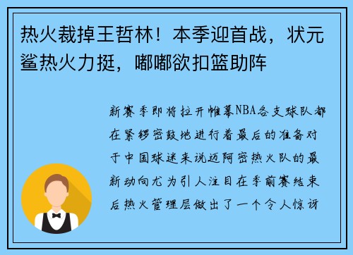 热火裁掉王哲林！本季迎首战，状元鲨热火力挺，嘟嘟欲扣篮助阵